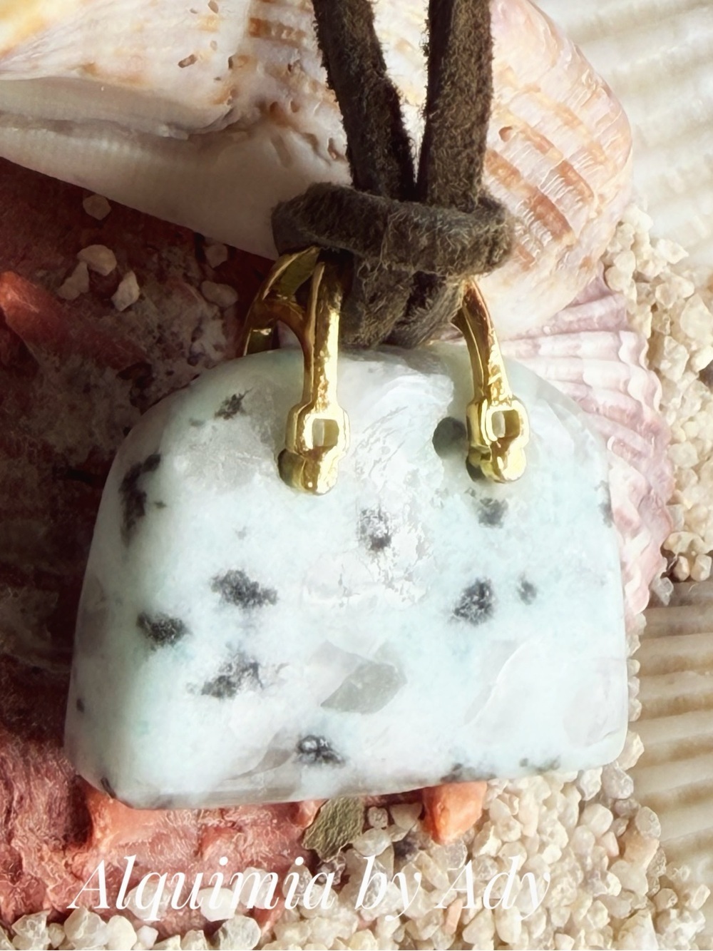 OLIVE SUEDE  Green Stone Pendant Charm with Gold hardware